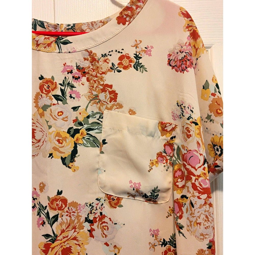 Buffalo David Bitton Floral Blouse Womens L White Cap Sleeve Button Woven